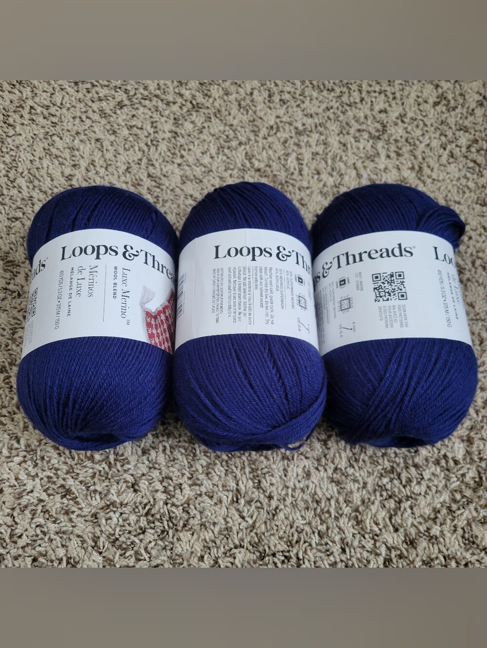 Loops & Threads Yarn Luxe Merino Wool Blend Navy Blue Skein Ball Hank Bundle Lot
